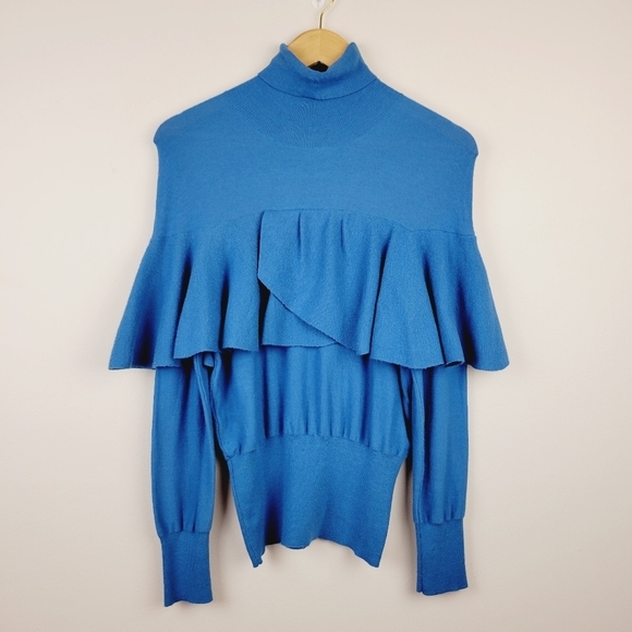 Tracy Reese | Celestial Blue Flounced Turtleneck Long Sleeve Knit Sweater Top - Picture 3 of 8